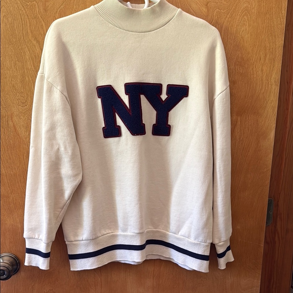 Zara White and Blue Crewneck Sweater with NY Logo